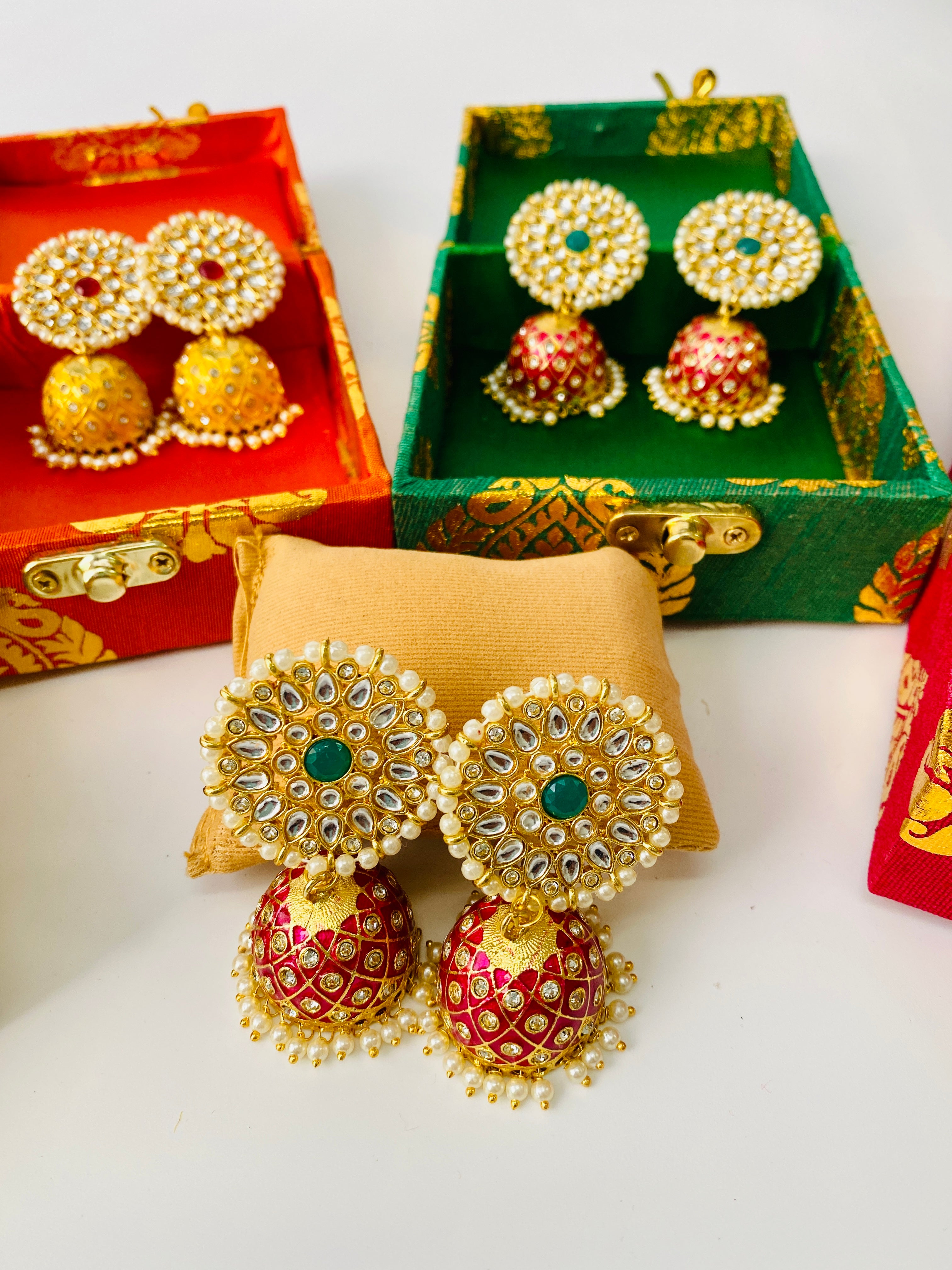 Sea Green Meenakari Jhumka with Golden Bali Earrings by FashionCrab